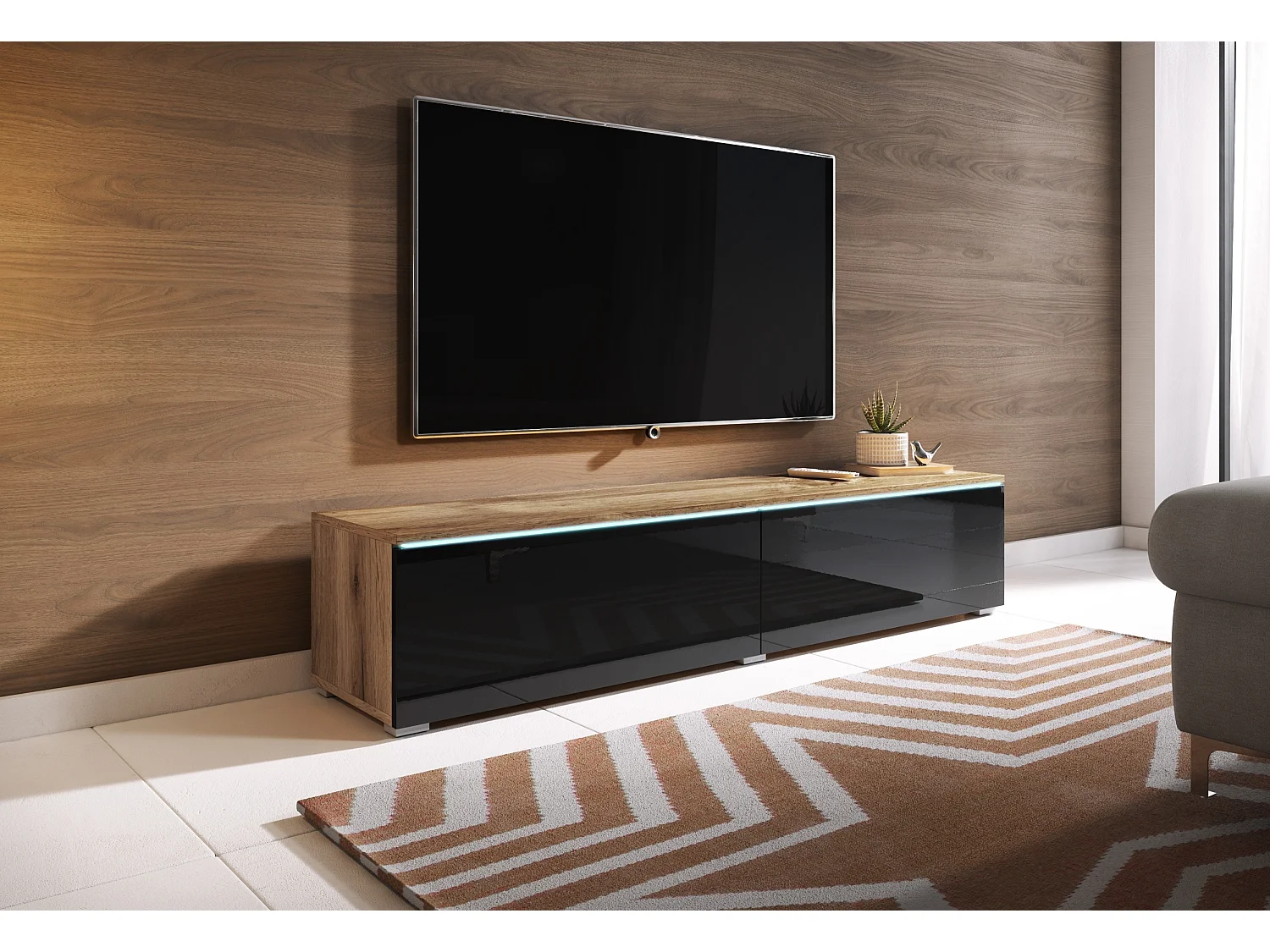 Meuble TV - 140 cm - chêne wotan/noir brillant - avec LED - KANE