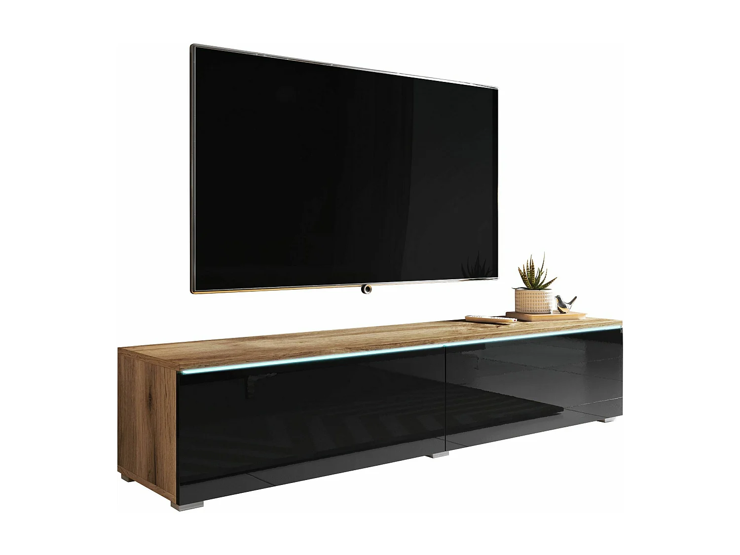 Meuble TV - 140 cm - chêne wotan/noir brillant - avec LED - KANE