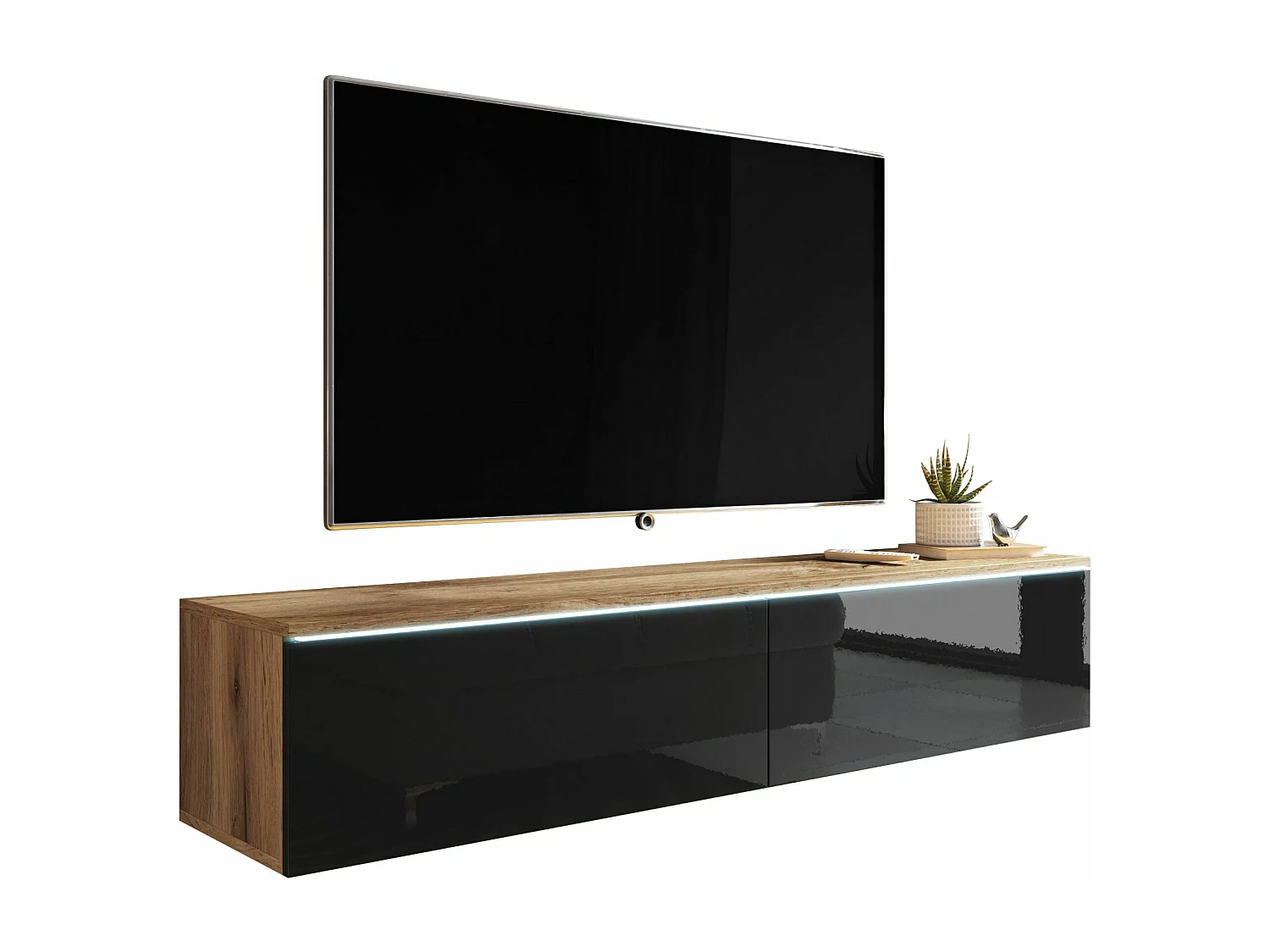 Meuble TV - 140 cm - chêne wotan/noir brillant - avec LED - KANE