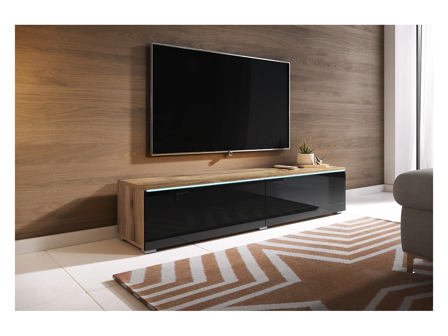 Meuble TV - 140 cm - chêne wotan/noir brillant - avec LED - KANE
