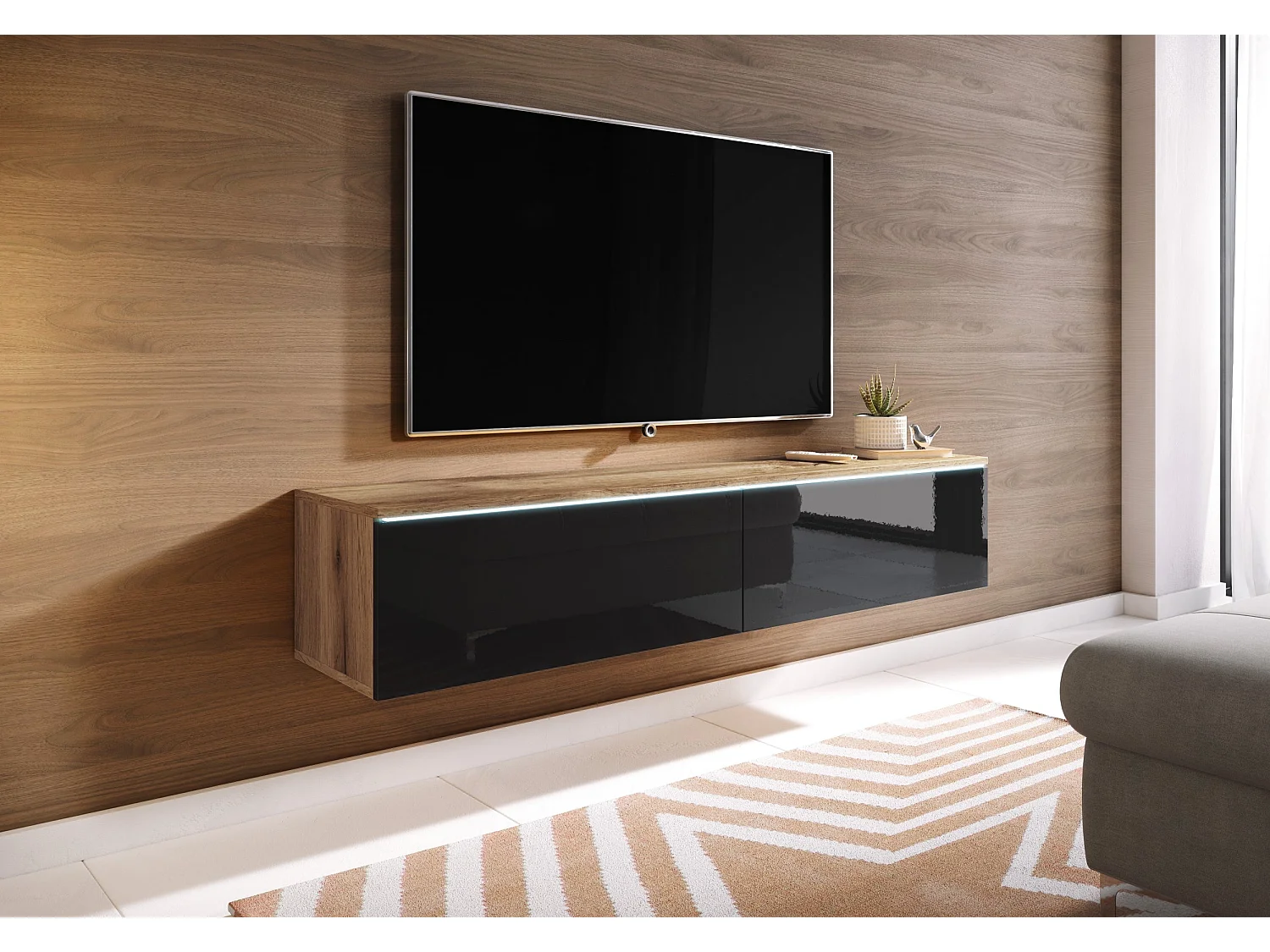 Meuble TV - 140 cm - chêne wotan/noir brillant - avec LED - KANE