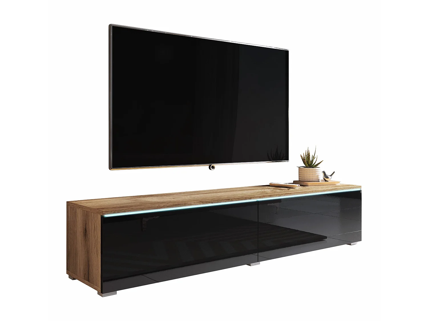 Meuble TV - 140 cm - chêne wotan/noir brillant - avec LED - KANE