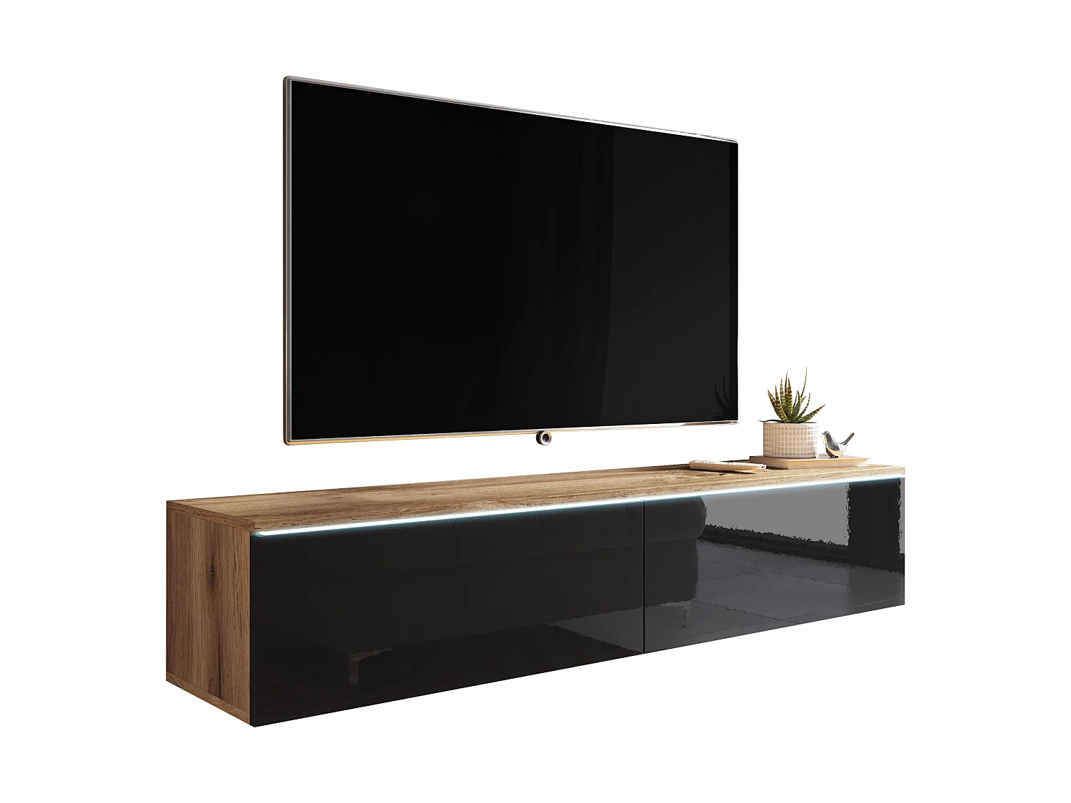 Meuble TV - 140 cm - chêne wotan/noir brillant - avec LED - KANE