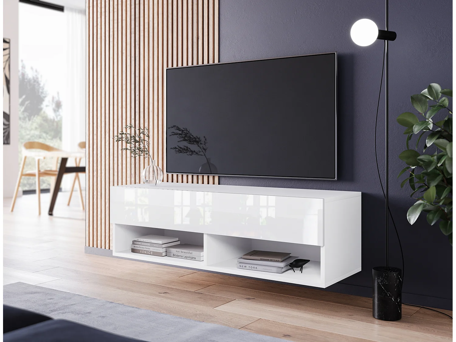 Mobile TV - 100 cm - bianco opaco/bianco lucido - con LED - WANDER