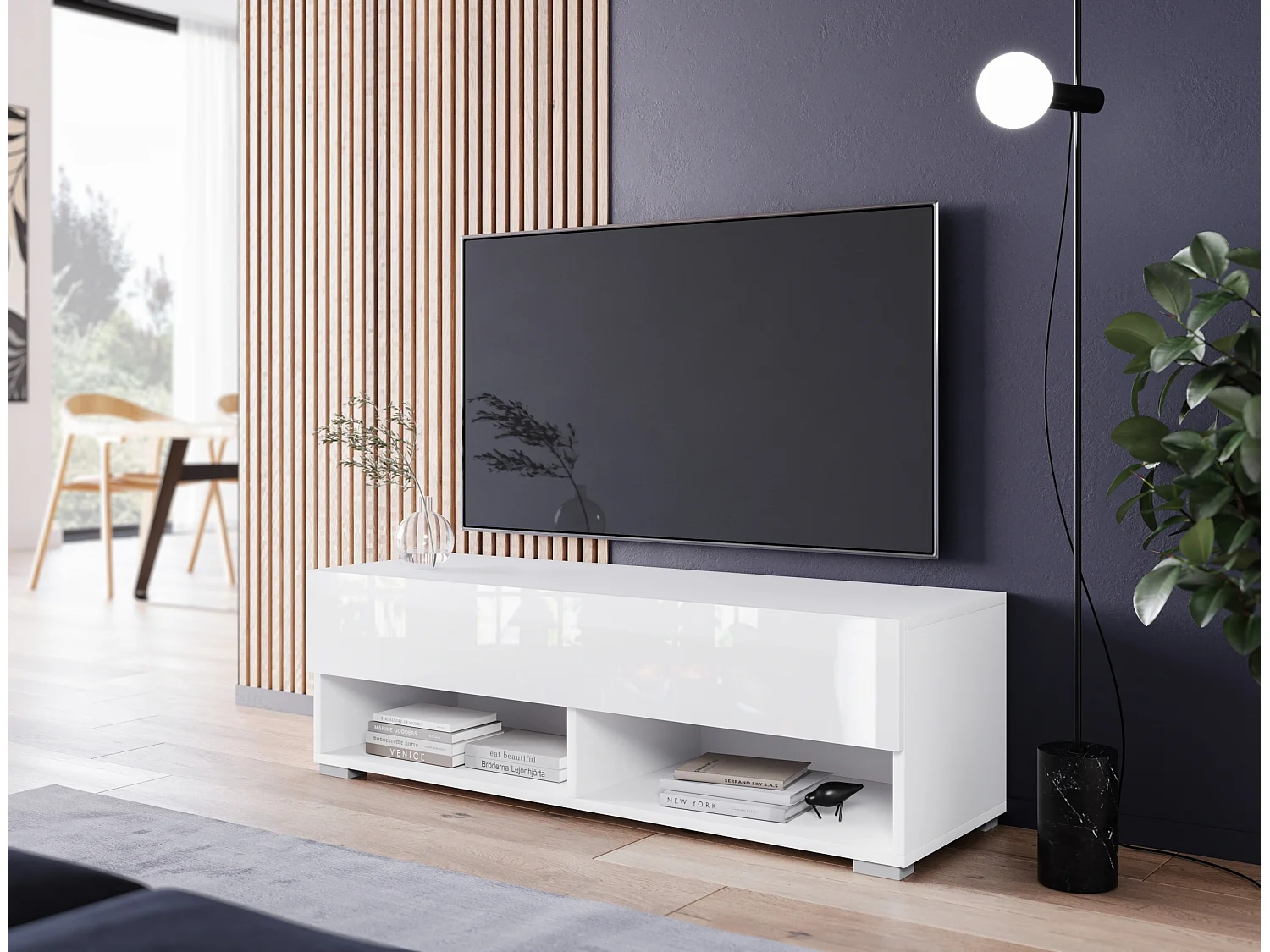 Mobile TV - 100 cm - bianco opaco/bianco lucido - con LED - WANDER