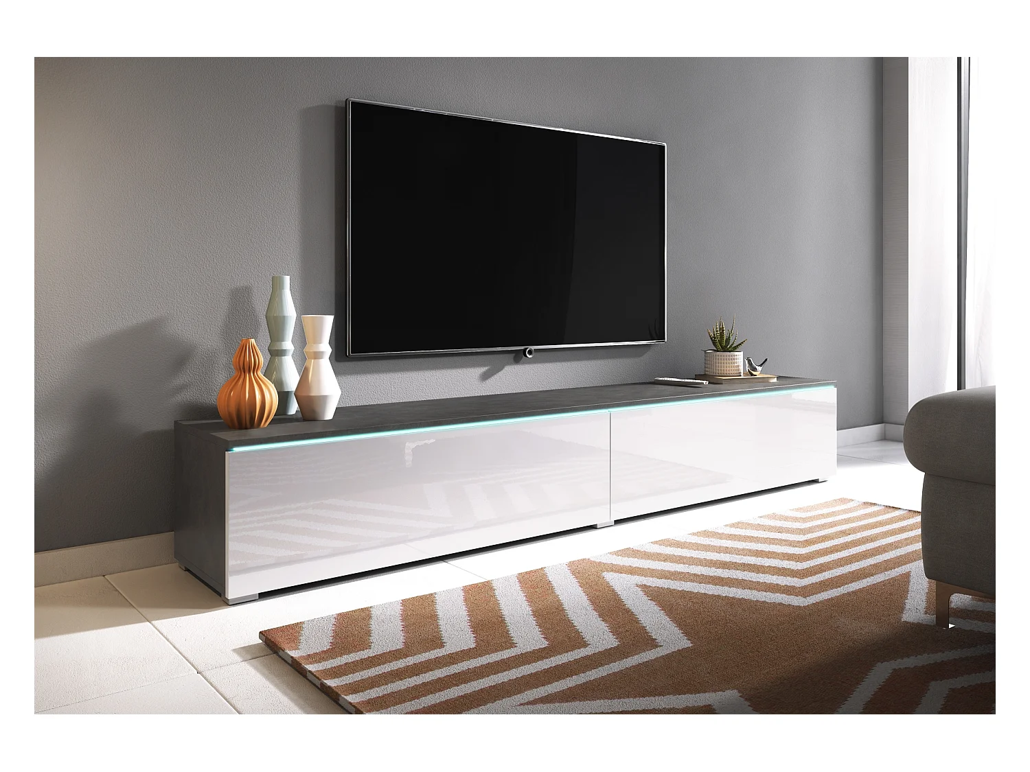 Meuble TV - 180 cm - matera/blanc brillant - avec LED - KANE