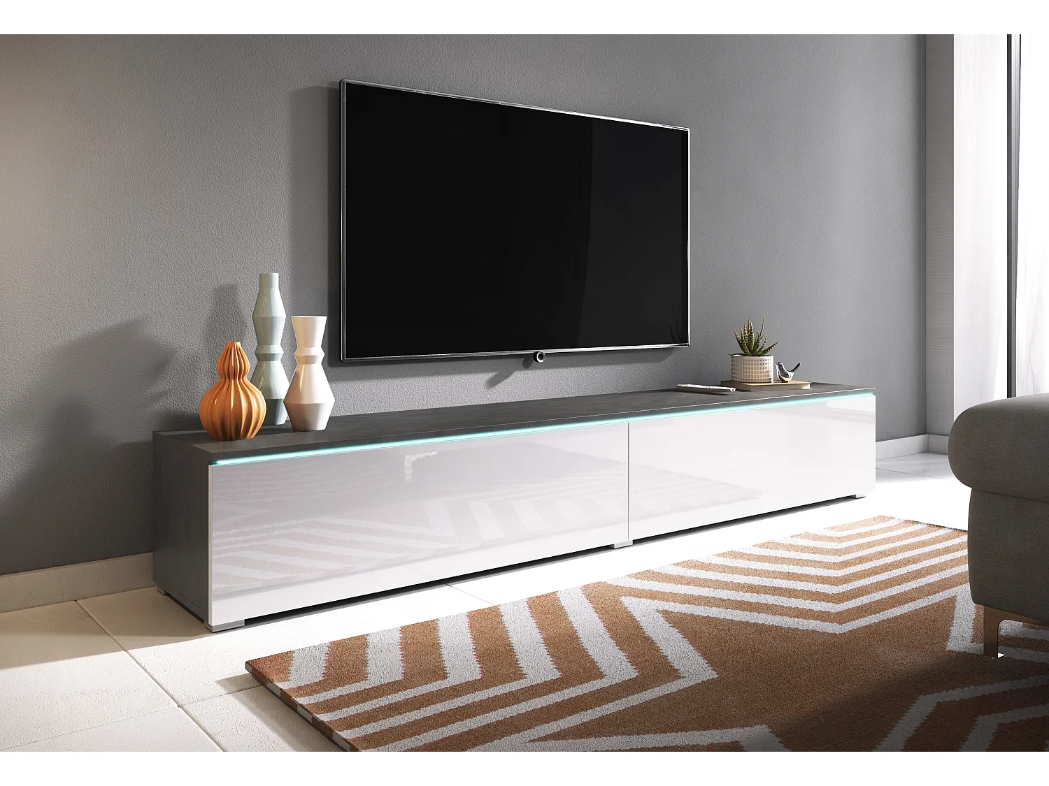 Mobile TV - 180 cm - bianco opaco/lucido - con LED - KANE