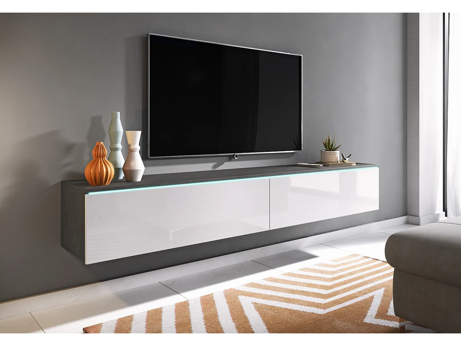 Mobile TV - 180 cm - bianco opaco/lucido - con LED - KANE