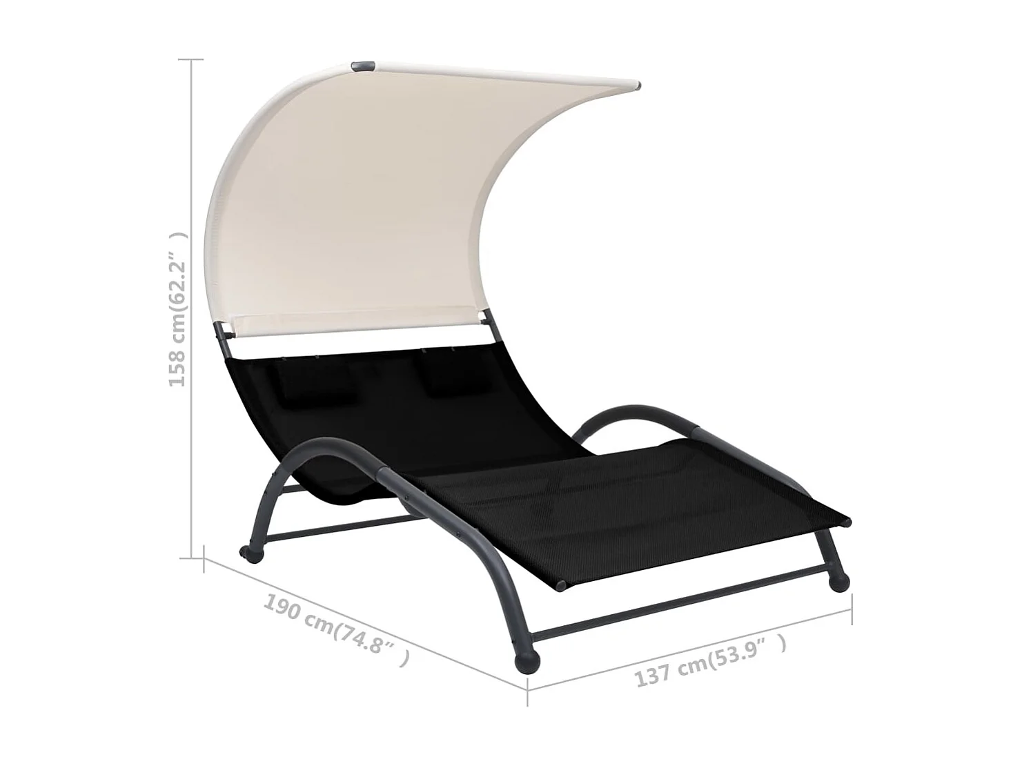 Chaise longue double avec auvent textilène noir