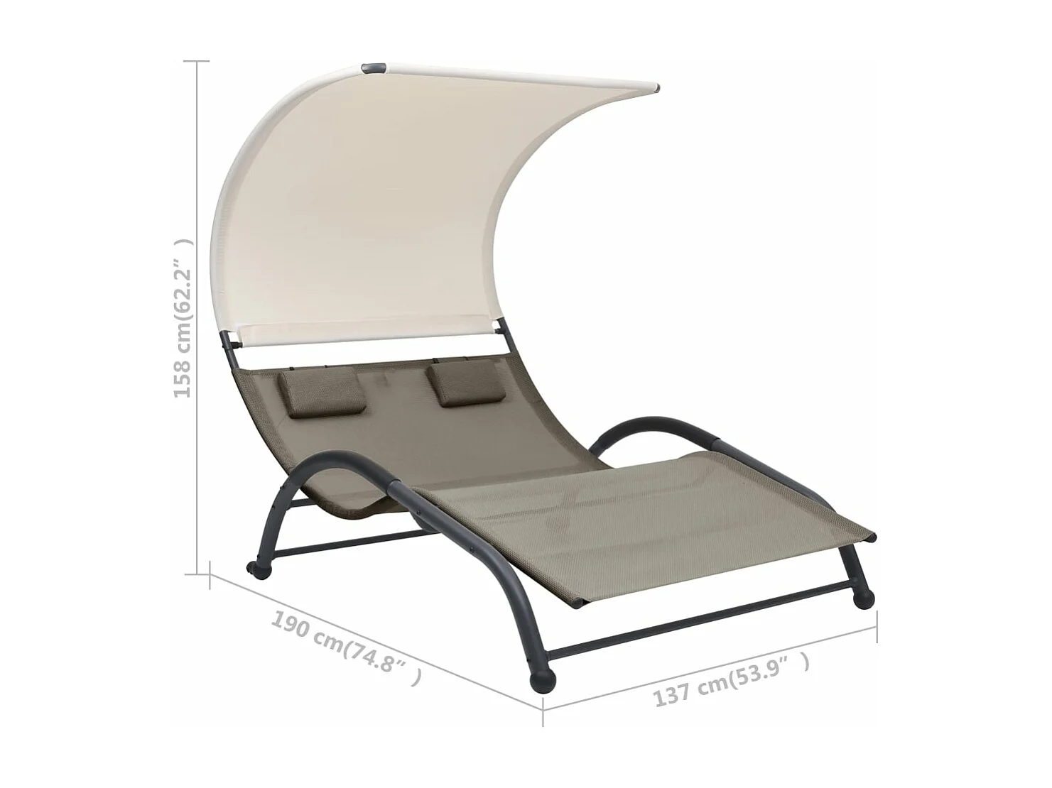 Chaise longue double avec auvent textilène taupe
