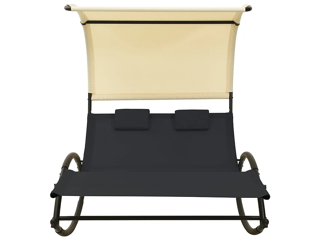 Chaise longue double avec auvent textilène noir et crème
