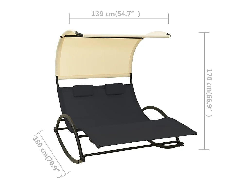 Chaise longue double avec auvent textilène noir et crème