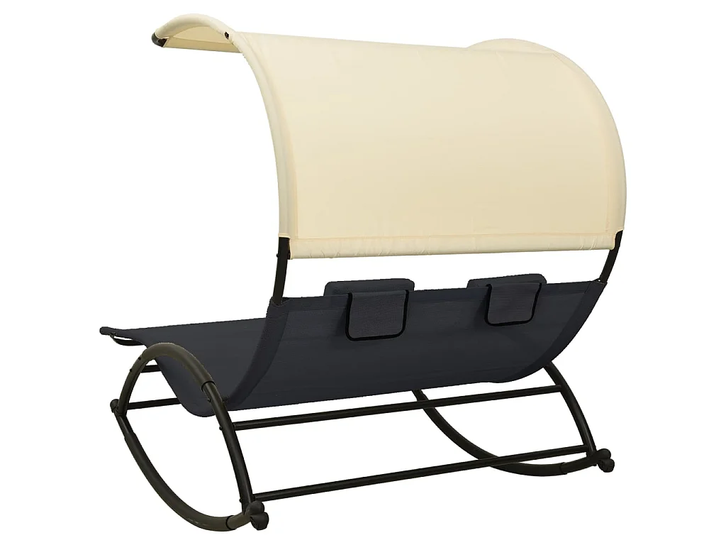 Chaise longue double avec auvent textilène noir et crème