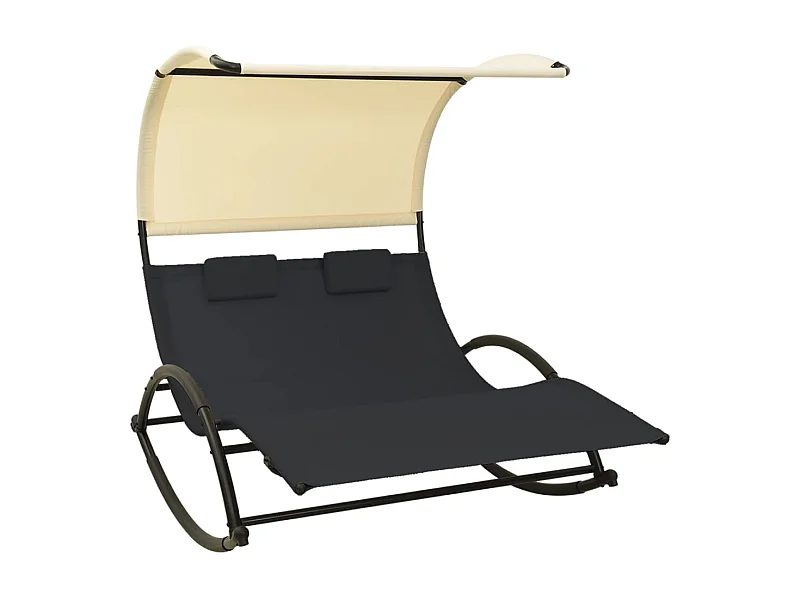 Chaise longue double avec auvent textilène noir et crème