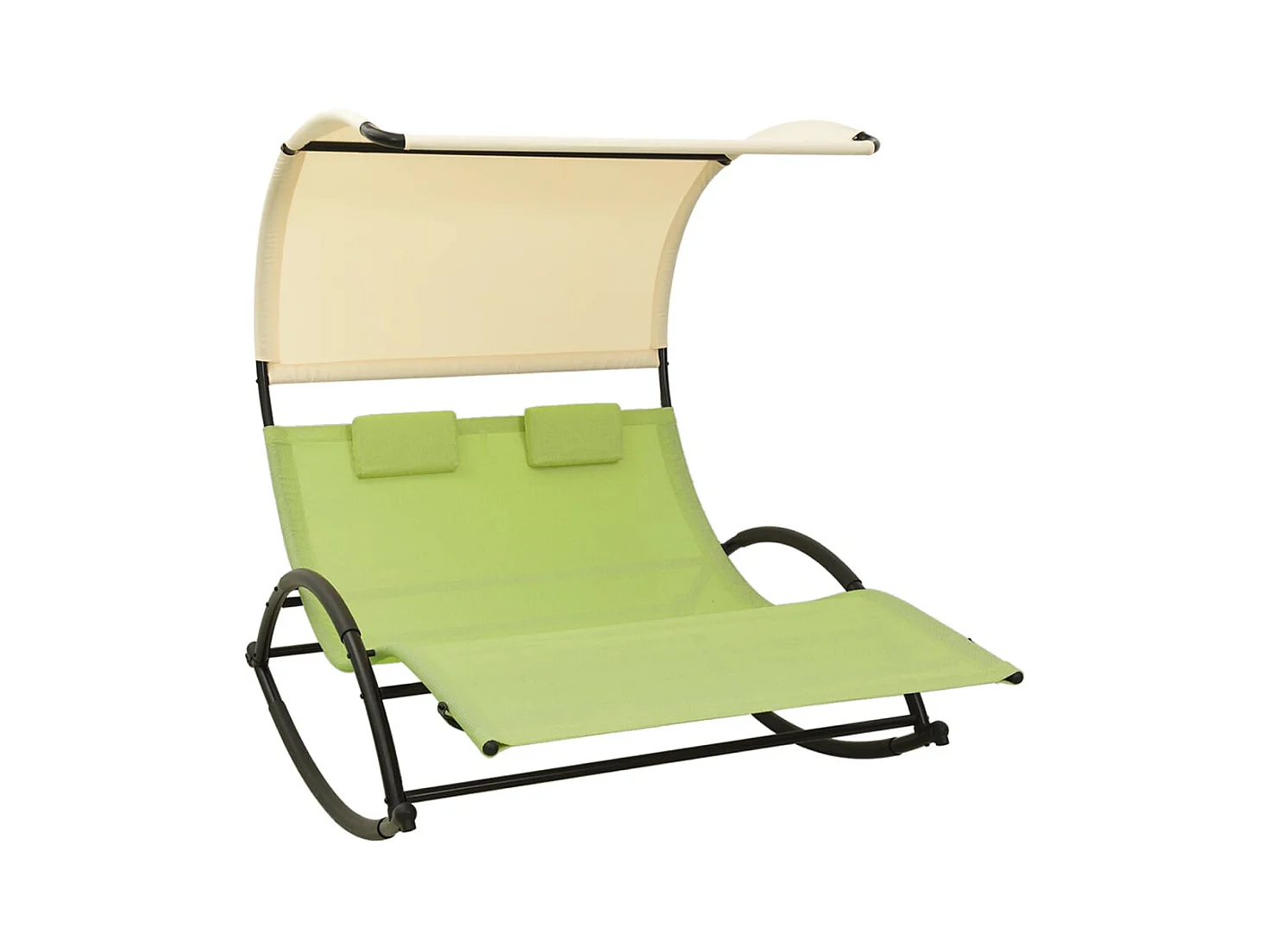 Chaise longue double avec auvent textilène vert et crème