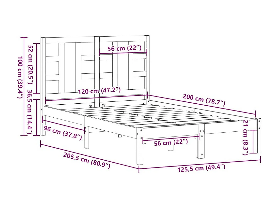 Estructura de cama de madera maciza de pino blanca 120x200 cm