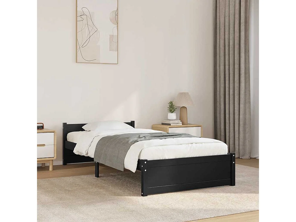 Cadre de lit sans matelas noir bois massif 75x190 cm