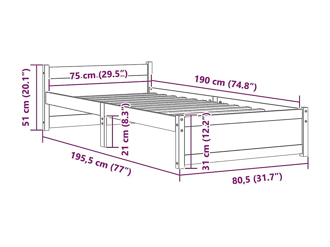 Cadre de lit sans matelas noir bois massif 75x190 cm