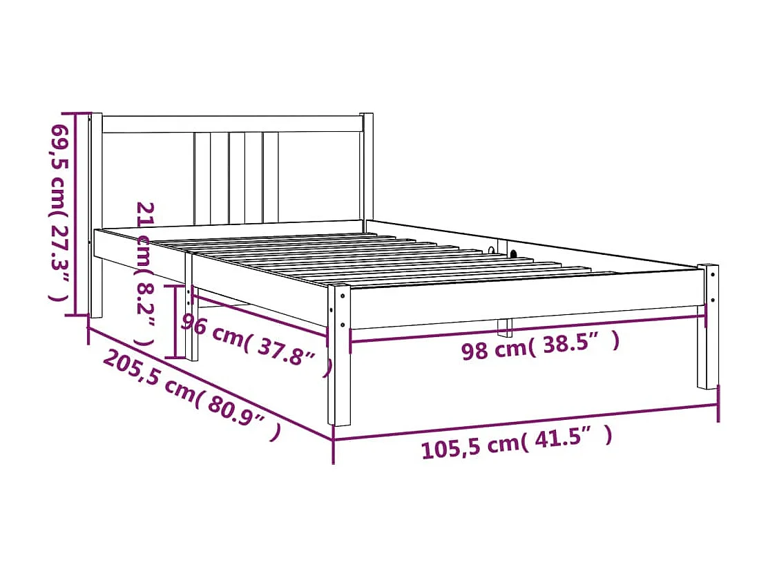 Cadre de lit sans matelas gris bois massif 100x200 cm