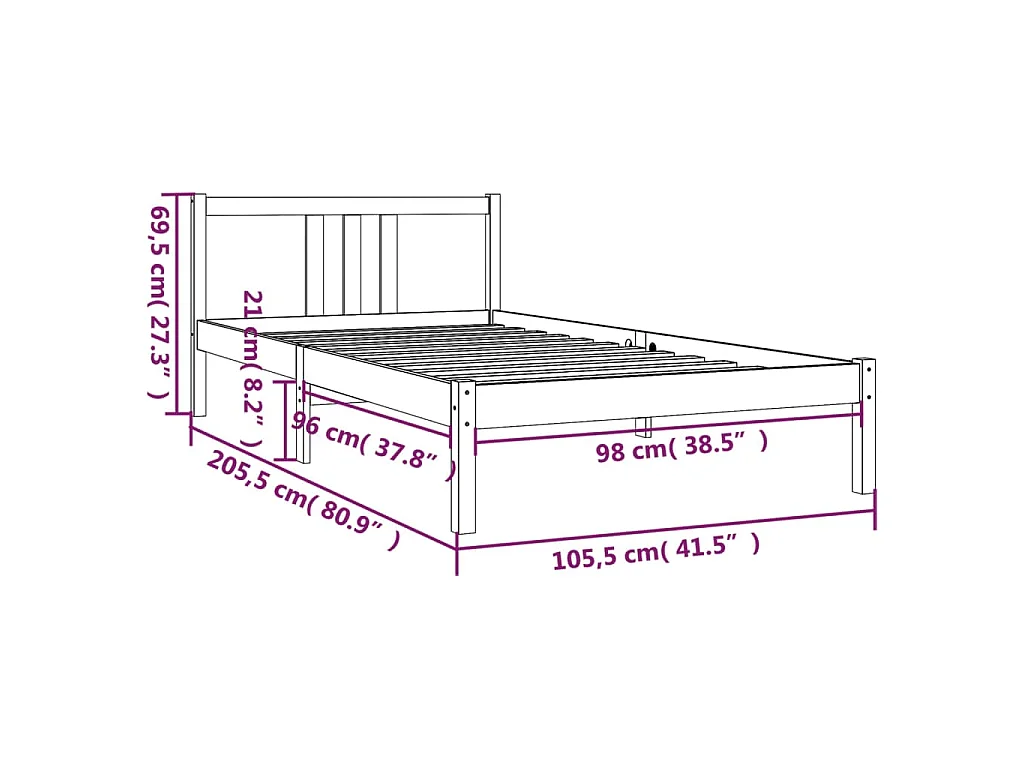 Estrutura de cama 100x200 cm madeira maciça cinzento