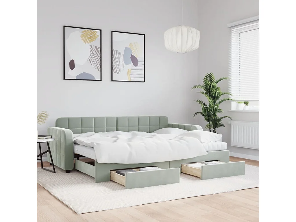 Slaapbank onderschuifbed en lades 80x200 cm fluweel lichtgrijs