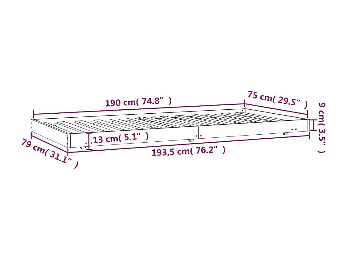 Bedframe zonder matras massief grenenhout wit 75x190 cm