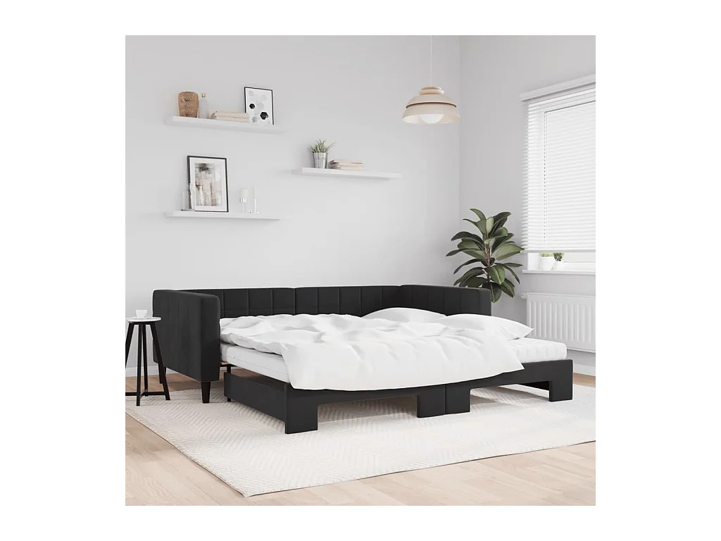 Lit de jour avec lit gigogne et matelas noir 100x200 cm velours