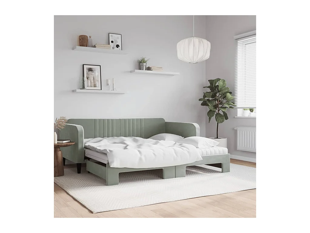 Lit de jour avec gigogne et matelas gris clair 90x190cm velours