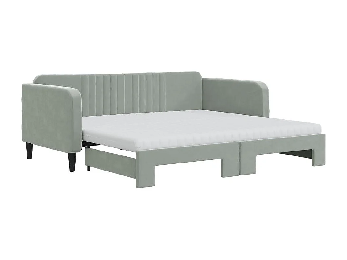 Lit de jour avec gigogne et matelas gris clair 90x190cm velours