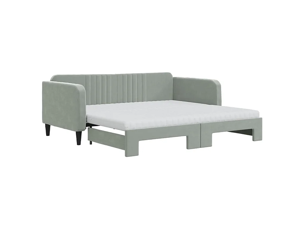 Lit de jour avec gigogne et matelas gris clair 90x190cm velours