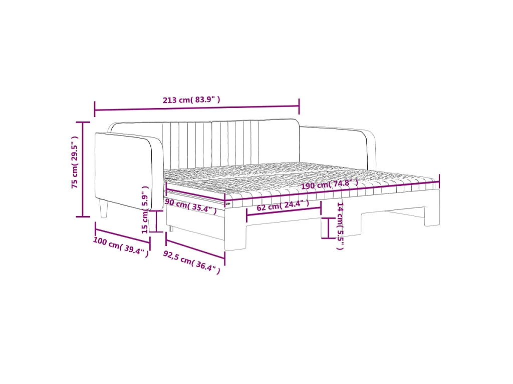 Lit de jour avec gigogne et matelas gris clair 90x190cm velours