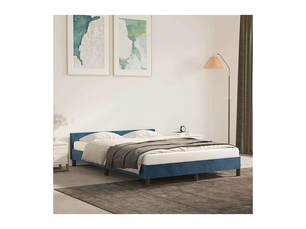 Cadre de lit sans matelas bleu foncé 140x190 cm velours