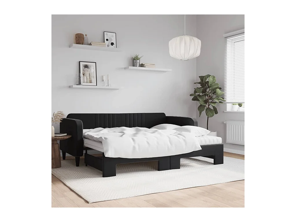 Lit de jour avec gigogne et matelas noir 90x200 cm velours