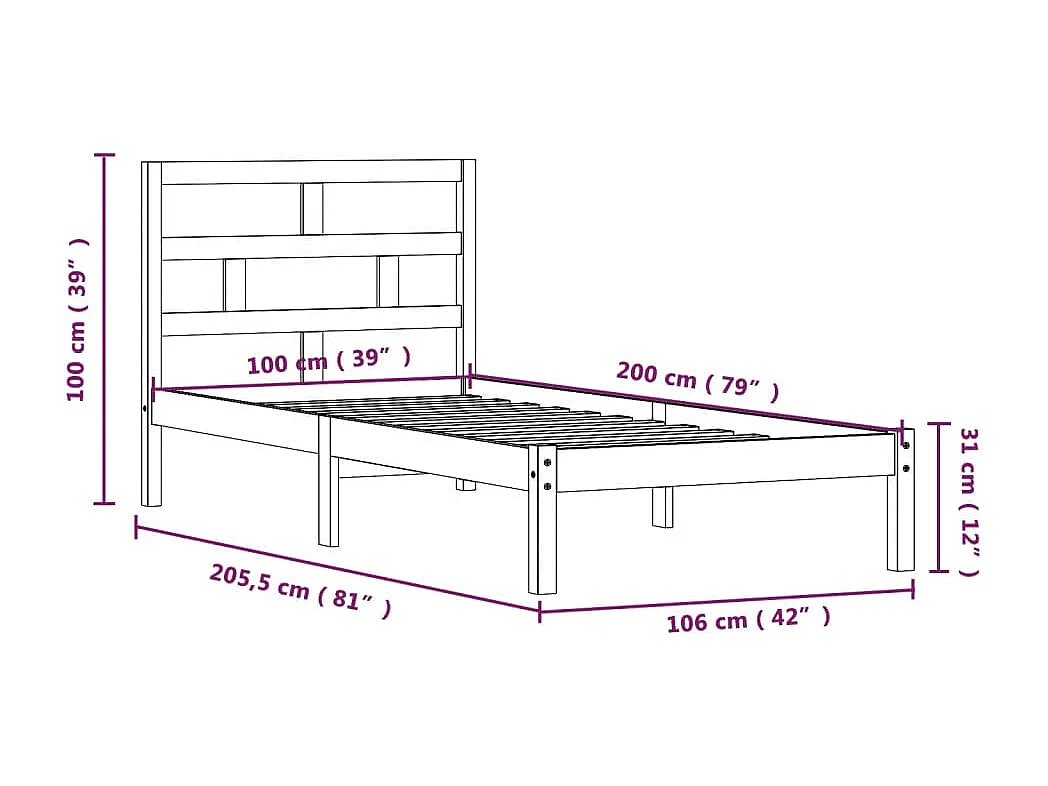 Cadre de lit sans matelas marron miel bois massif 100x200 cm