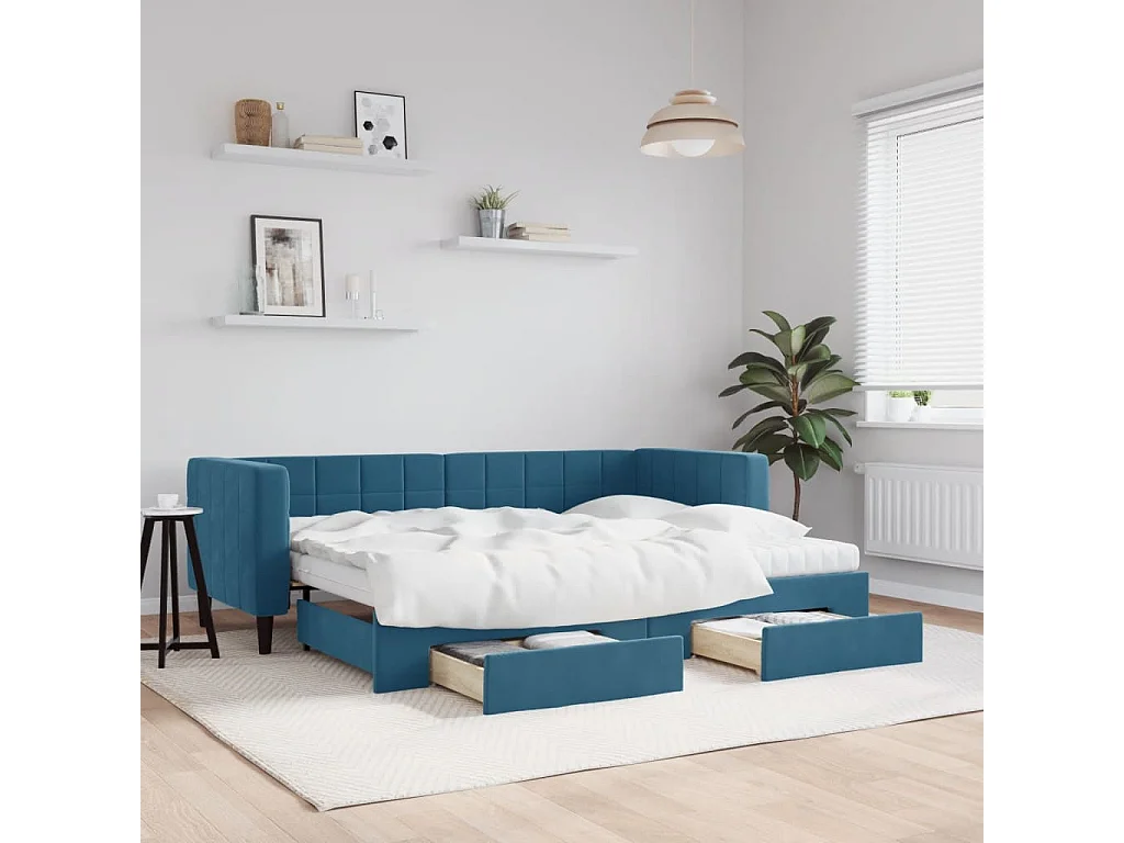 Slaapbank met onderschuifbed en lades 80x200 cm fluweel blauw