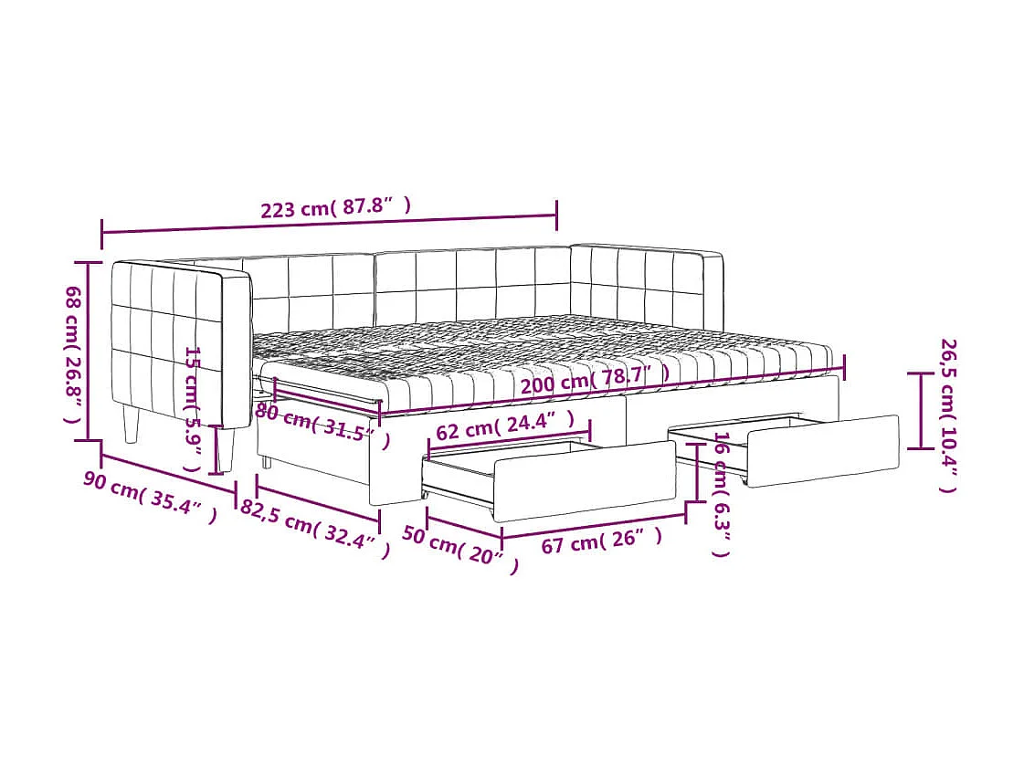 Slaapbank met onderschuifbed en lades 80x200 cm fluweel blauw