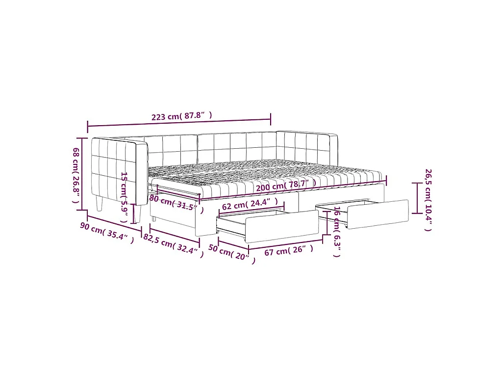 Lit de jour avec gigogne et tiroirs bleu 80x200 cm velours