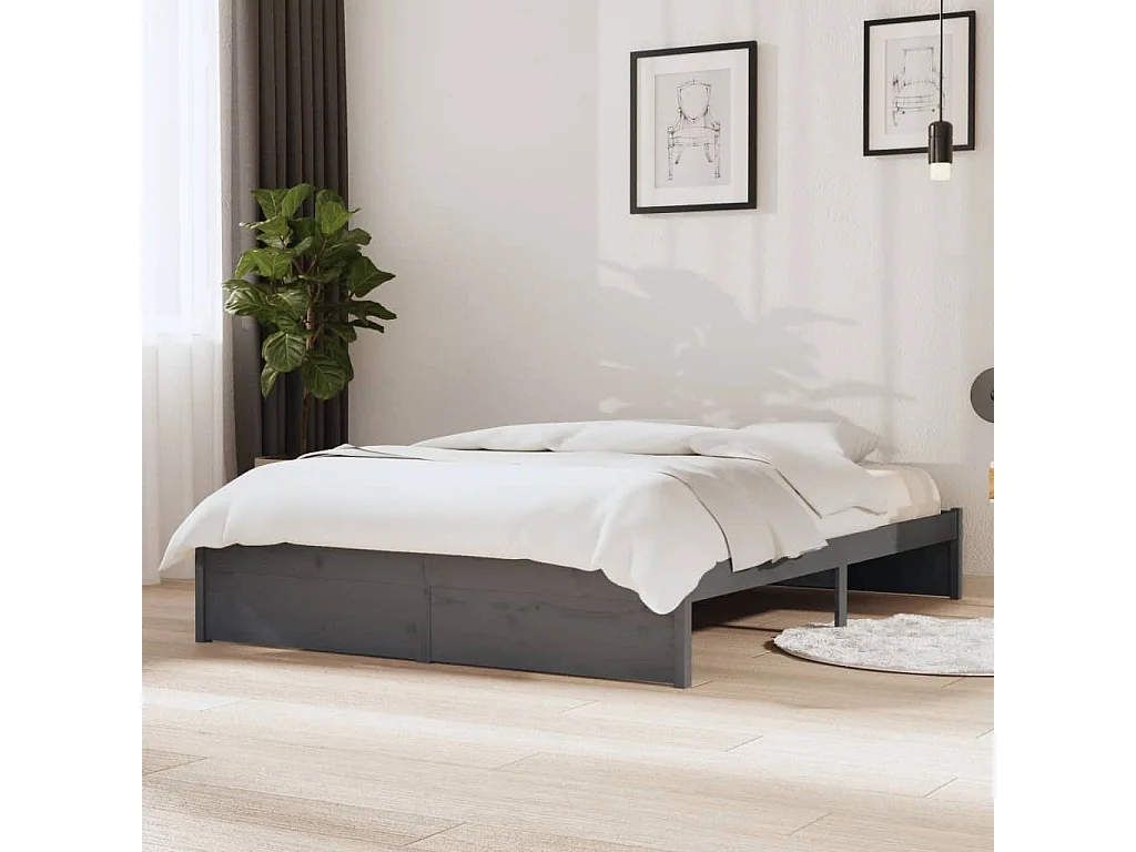 Cadre de lit sans matelas gris bois massif 140x190 cm