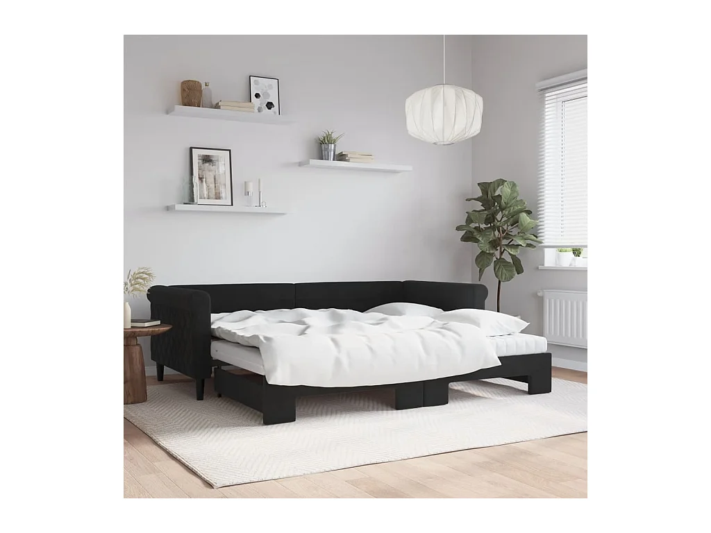 Lit de jour avec gigogne et matelas noir 90x200 cm velours