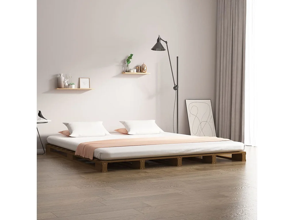Cama de palets de madera maciza de pino marrón miel 120x200 cm