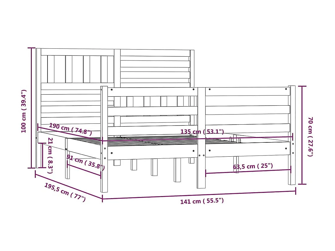 Cadre de lit sans matelas blanc 135x190 cm bois massif