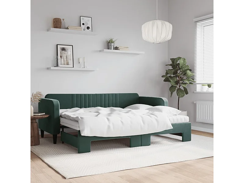 Lit de jour avec gigogne et matelas vert foncé 80x200cm velours