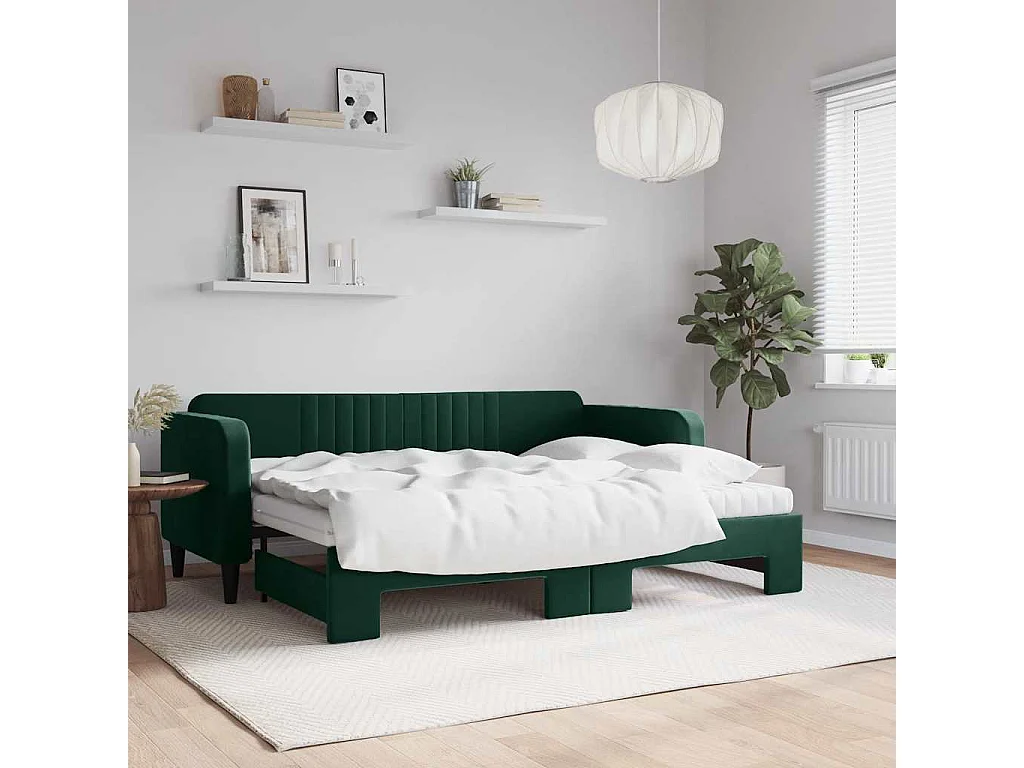 Slaapbank onderschuifbed matrassen 80x200cm fluweel donkergroen
