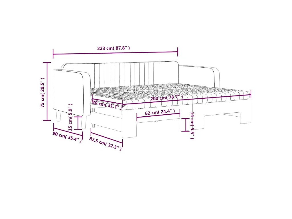 Slaapbank onderschuifbed matrassen 80x200cm fluweel donkergroen