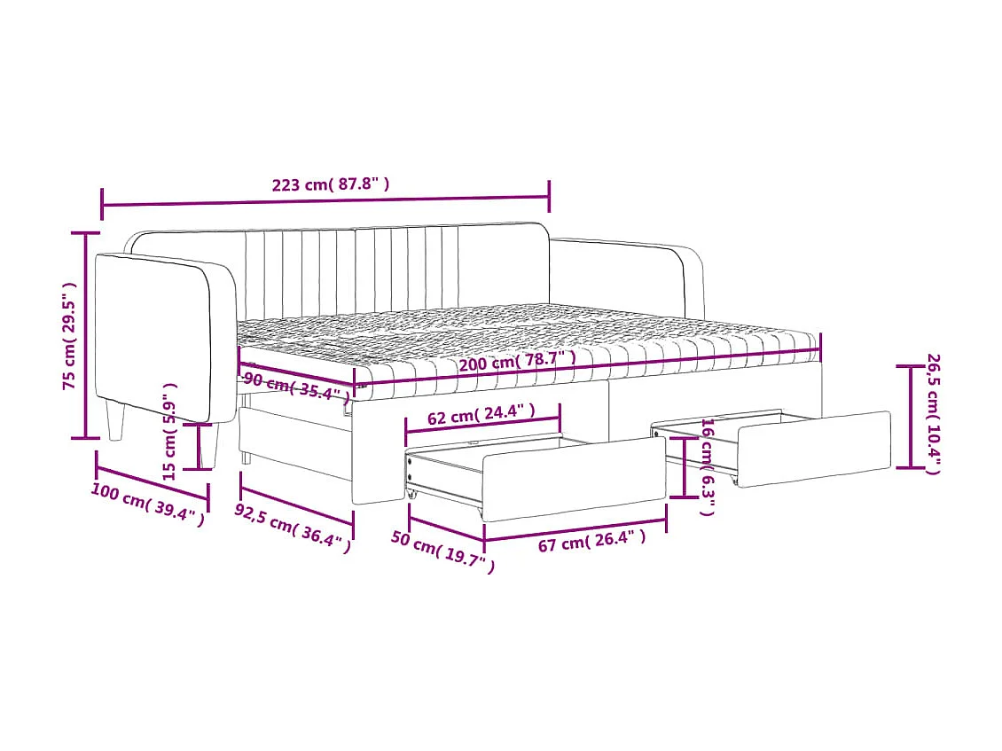Slaapbank met onderschuifbed en lades 90x200 cm fluweel zwart