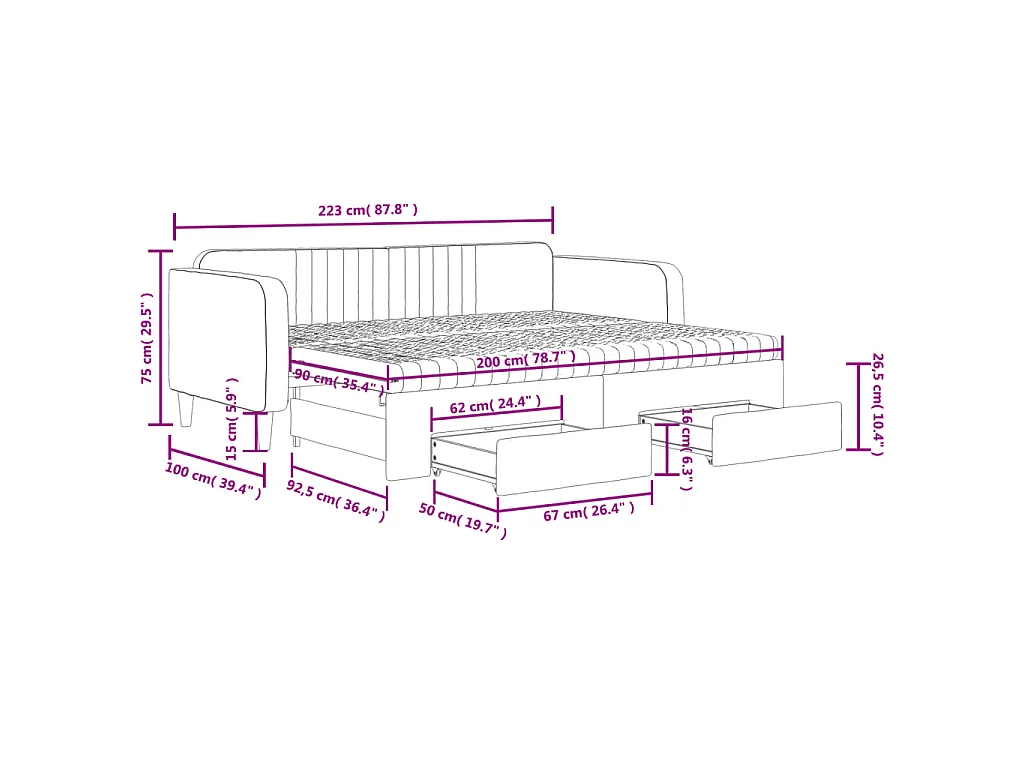 Lit de jour avec gigogne et tiroirs noir 90x200 cm velours