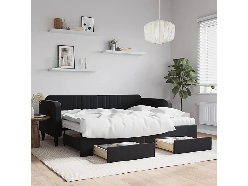 Tagesbett Ausziehbar mit Schubladen Schwarz 90x200 cm Samt