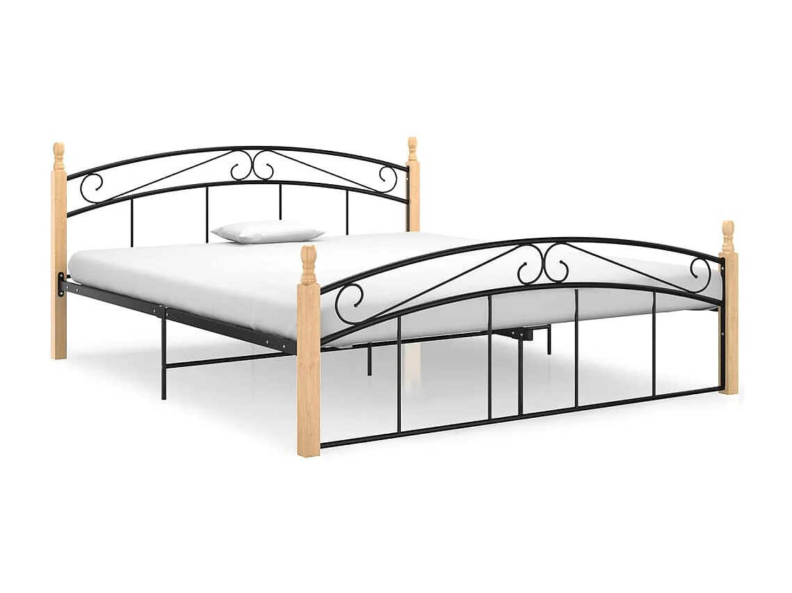 Cadre de lit sans matelas noir métal bois chêne 160x200 cm