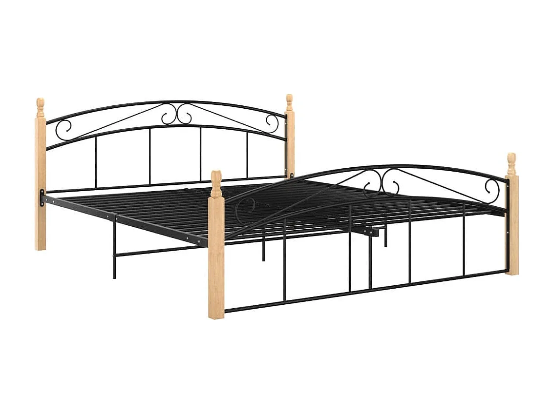Cadre de lit sans matelas noir métal bois chêne 160x200 cm
