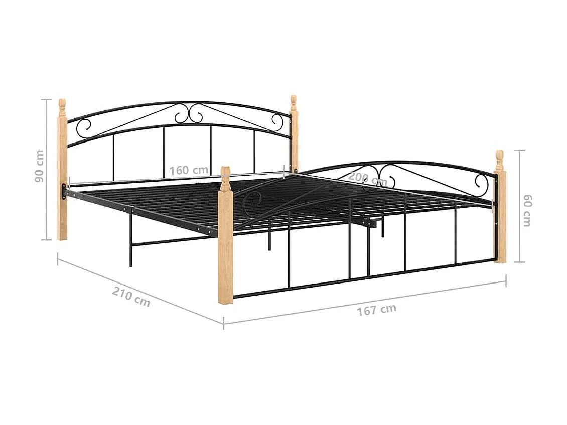 Cadre de lit sans matelas noir métal bois chêne 160x200 cm